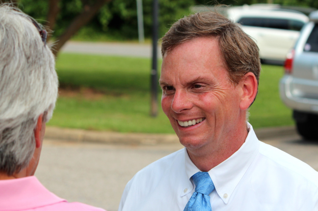 State Del. Bill DeSteph greets a supporter outside the Great Neck precinct on Tuesday, June 9, 2015. DeSteph won the GOP primary for the 8th Virginia Senate District. [John-Henry Doucette/The Princess Anne Independent News]