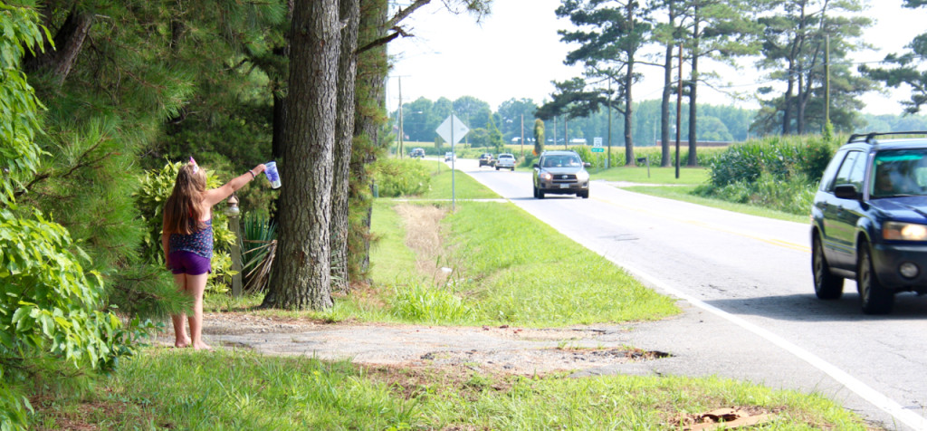 Earlier this month, Dezeray McGreevy, 8, set up a water stand on the side of Princess Anne Road so she could raise money for sick children. She holds a donation cup toward the traffic along . [John-Henry Doucette/The Princess Anne Independent News]