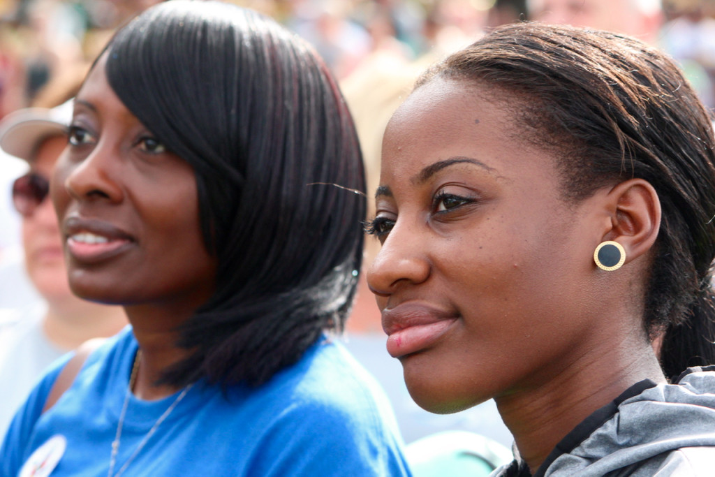 Rachel Williams-Dawkins and Shanell Dawkins of Newport News listen to speakers before the walk began. Williams-Dawkins has supported the walk four times, and this year was her daughter’s first. [John-Henry Doucette/The Princess Anne Independent News] 