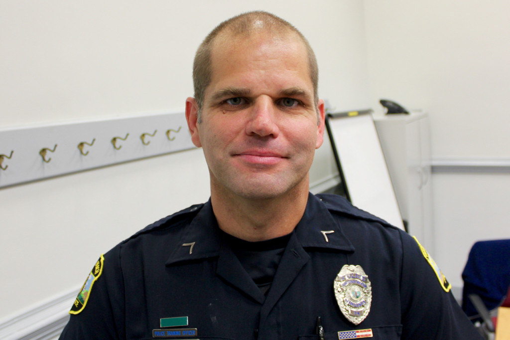 Master Police Officer Chris Szymanski, 43, was honored by the citizens advisory committee in the First Precinct as officer of the quarter on Tuesday, Sept. 1, during a meeting at the municipal center. Szymanski was credited with making a number of arrests, including some that resulted in weapons being taken off the street. [John-Henry Doucette/The Princess Anne Independent News]