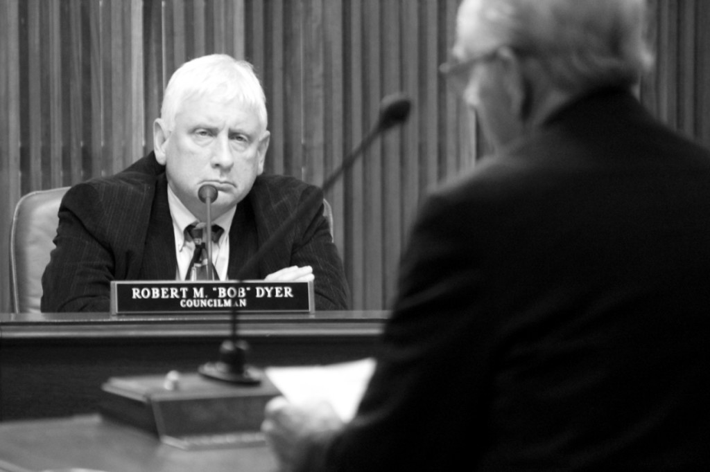 On Tuesday, March 15, City Councilmember Bob Dyer listens to a speaker discussing light rail extension from Newtown Station to Town Center. [John-Henry Doucette/The Princess Anne Independent News]