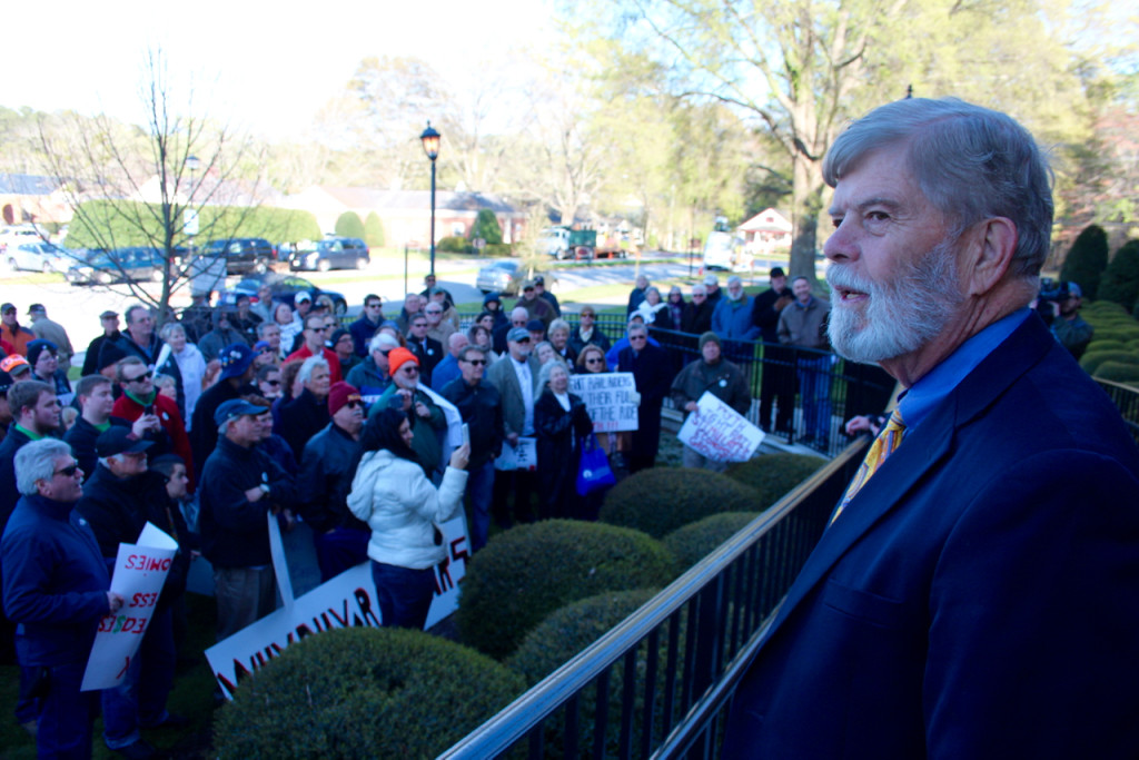 John Atkinson, the city trasurer who formed No Light Rail, is seen at a rally last month outside city hall. [John-Henry Doucette/The Princess Anne Independent News]