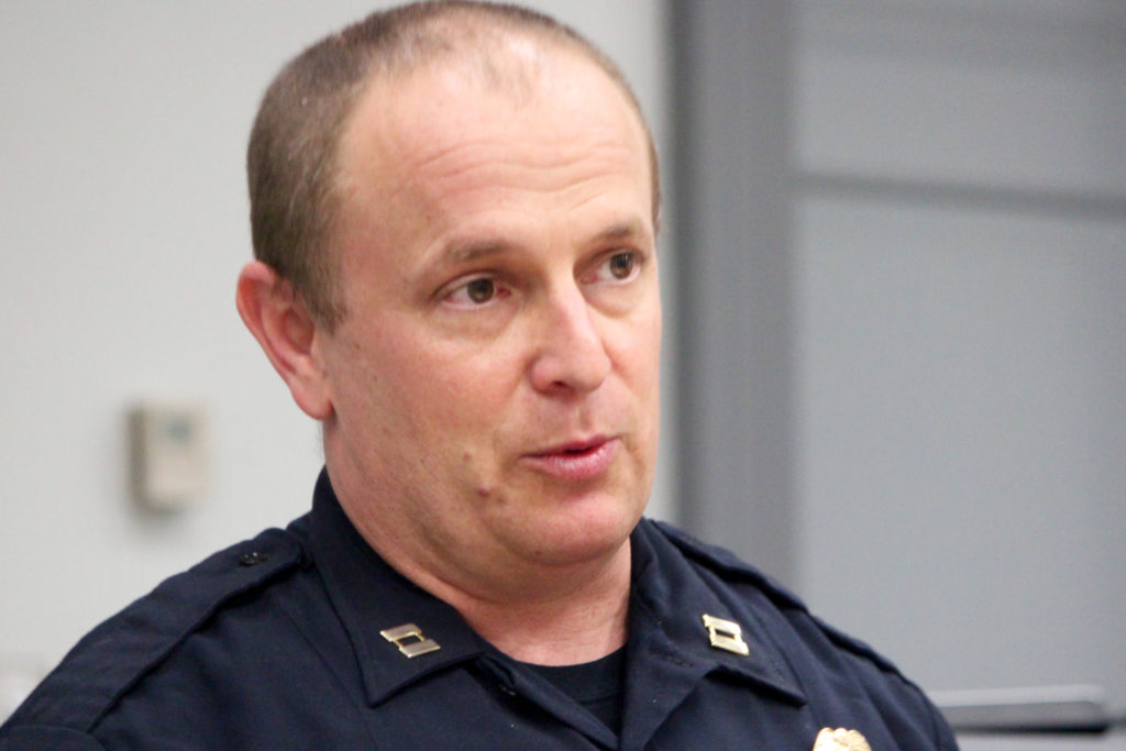 Police Capt. David Squires, commanding officer of the First Precinct, discusses recent criminal activity in the rural section of the city during a citizens advisory committee meeting on Tuesday, June 7. [John-Henry Doucette/The Princess Anne Independent News]