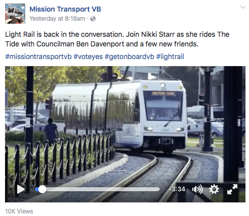 This is a Facebook post by Mission Transport VB, which recently released a video about light rail. Mission Transport VB is part of the marketing efforts of Light Rail Now, though this is not clear to the public viewing its work.