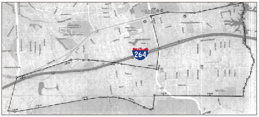 This mapshows the revised boundary of the Oceana Precinct. London Bridge Road is on the western border. I-264 is marked for reference. [City of Virginia Beach]