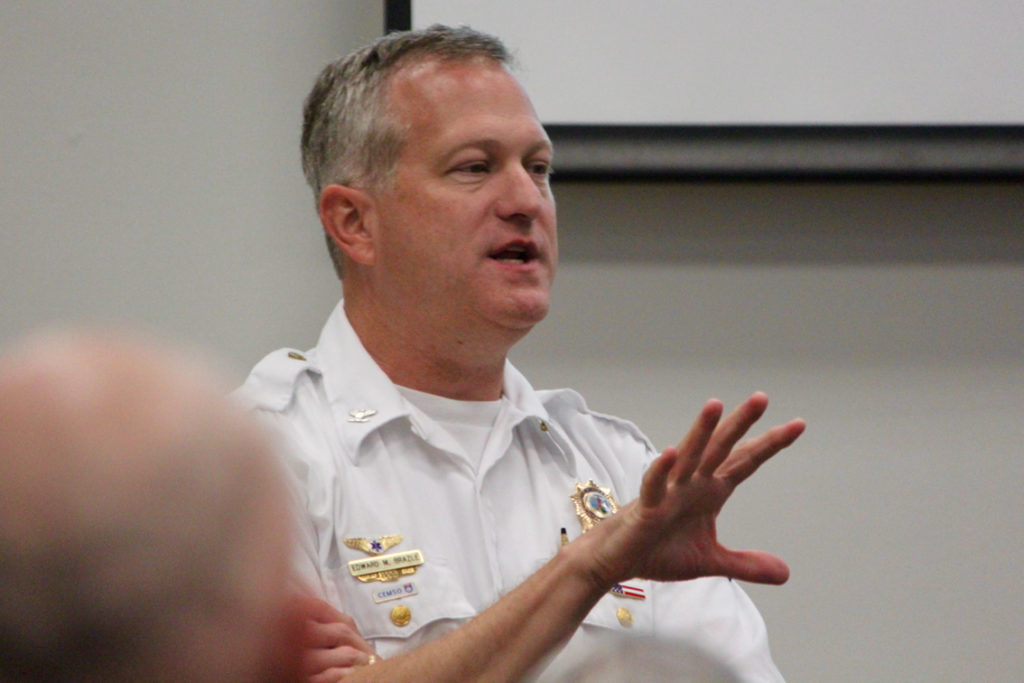 Emergency Medical Services Chief Ed Brazle spoke during the Thursday, Aug. 25, forum for the Princess Anne District hosted by City Councilmember Barbara Henley. [John-Henry Doucette/ The Princess Anne Independent News]