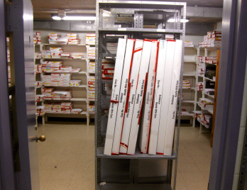 This photo provided by city police show a weapon room within the police department’s property and evidence storage area. Each box contains a weapon. [Virginia Beach Police Department/Courtesy]