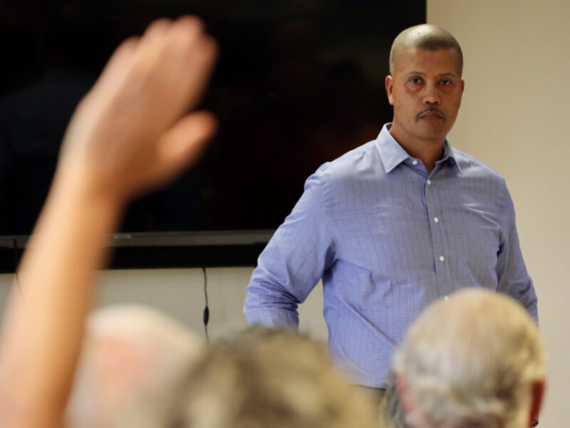 Edward Baine, president of Dominion Energy Virginia, meets with Sandbridge residents about Dominion's acquisition of the Kitty Hawk Wind North offshore wind lease area during a meeting at Sandbridge Community Chapel United Methodist Church on Monday, July 8, 2024. [John-Henry Doucette/The Princess Anne Independent News]