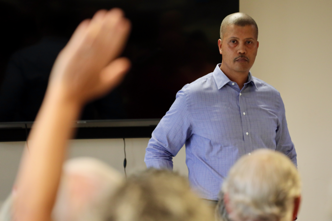 Edward Baine, president of Dominion Energy Virginia, meets with Sandbridge residents about Dominion's acquisition of the Kitty Hawk Wind North offshore wind lease area during a meeting at Sandbridge Community Chapel United Methodist Church on Monday, July 8, 2024. [John-Henry Doucette/The Princess Anne Independent News]